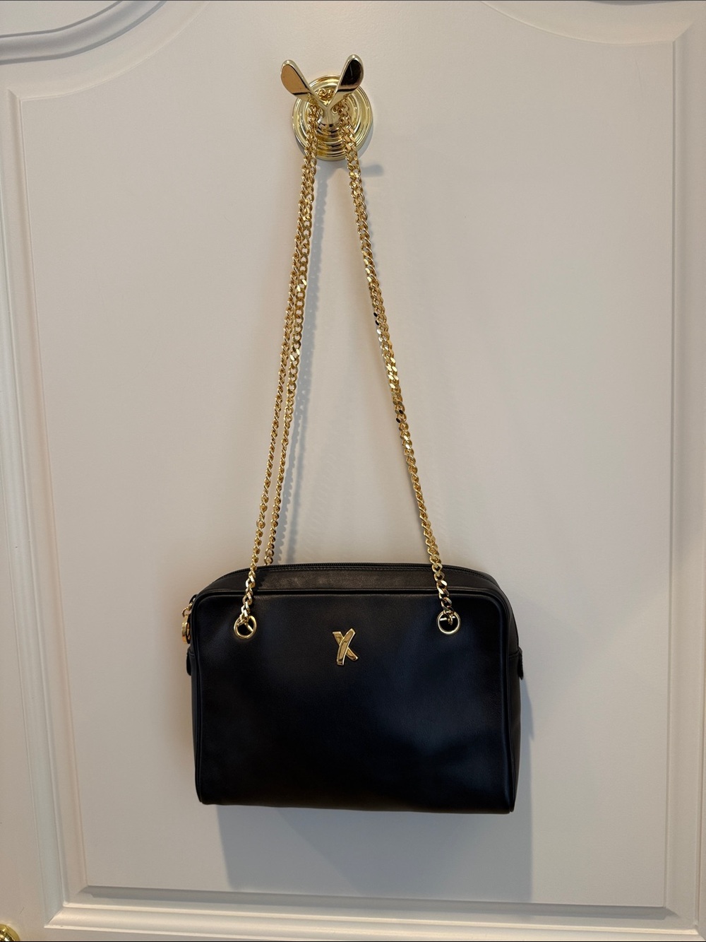Paloma Picasso Black Leather Shoulder Bag with Gold Chain Strap